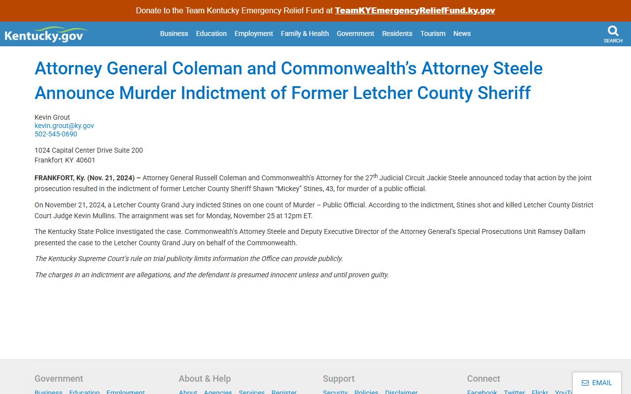 Letcher County arrest records and court charges Kentucky Attorney General indictment release