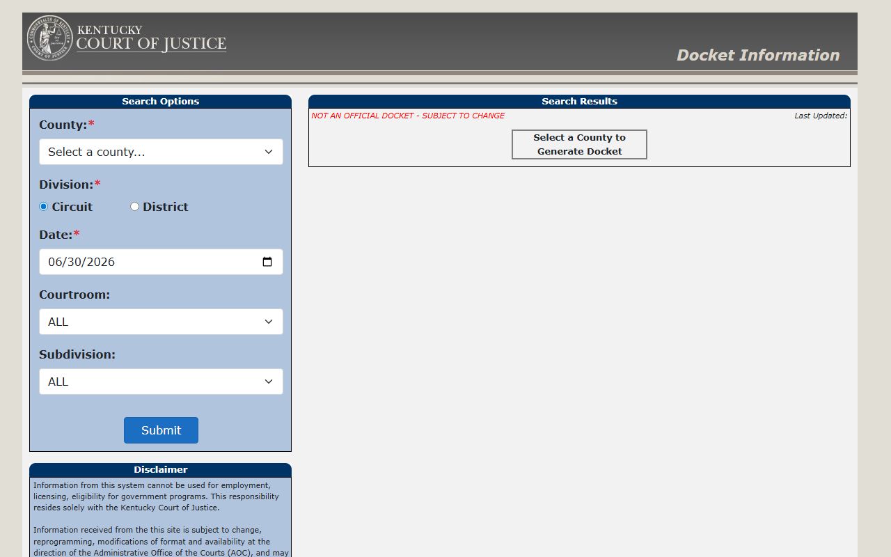 Letcher County court dockets statewide docket search