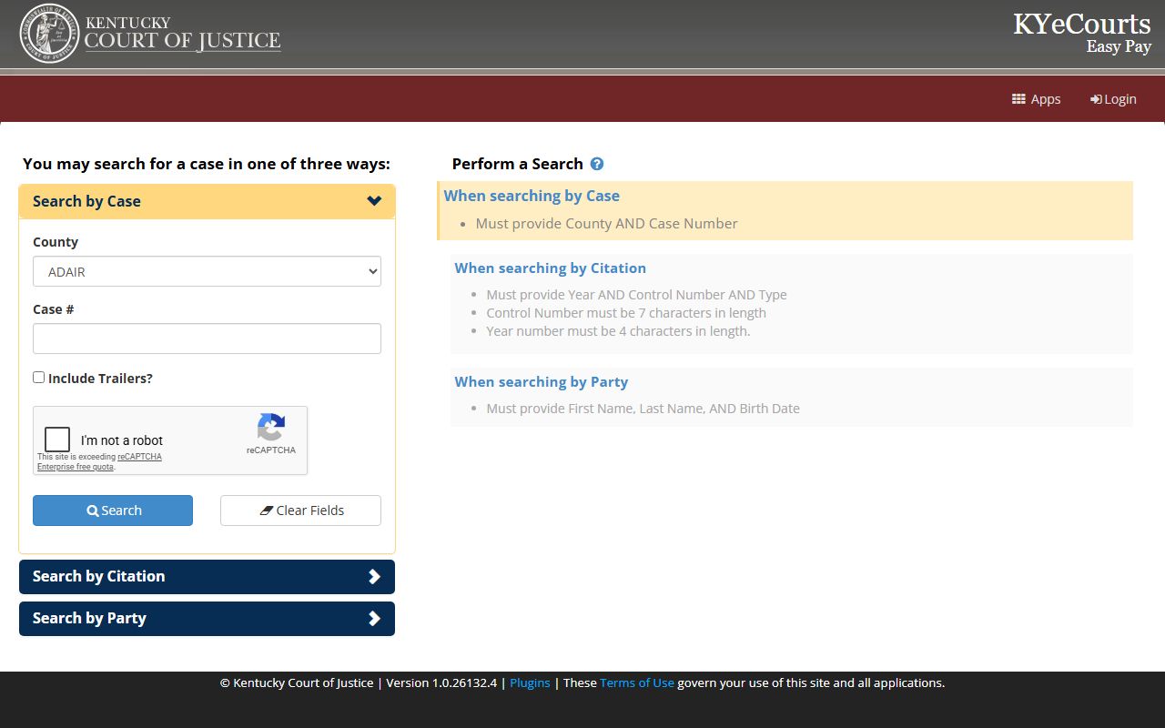 Letcher County court dockets ePay citation and party search