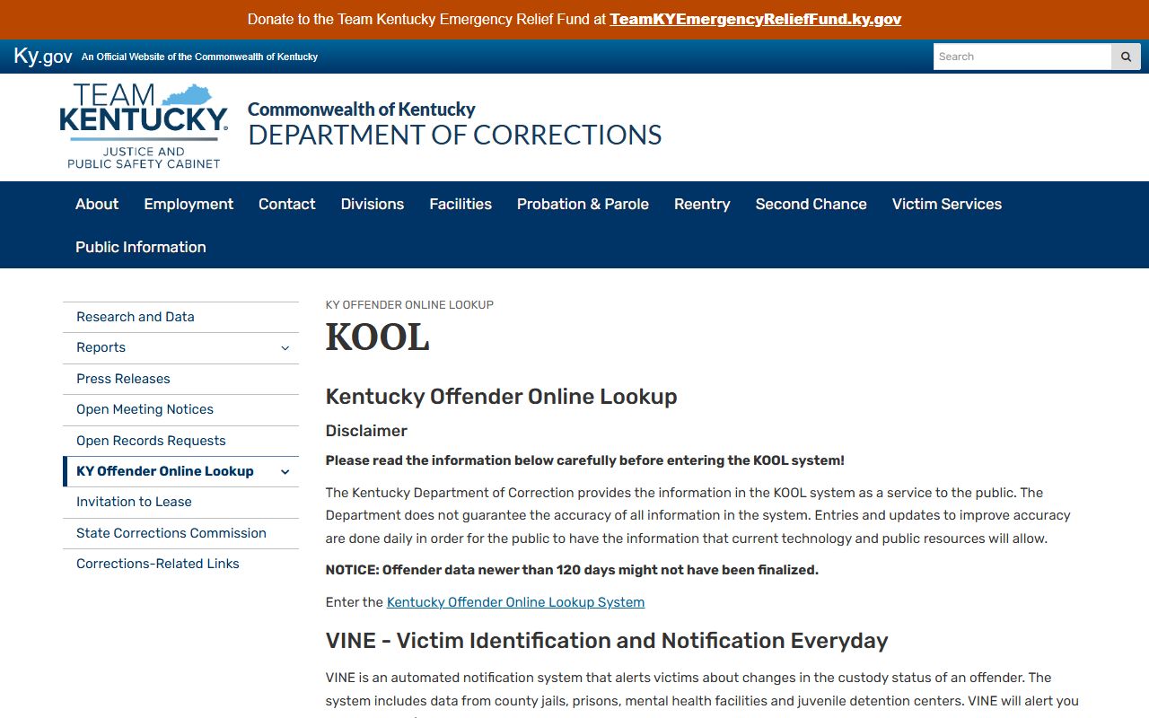 Letcher County inmate records Kentucky DOC KOOL offender lookup disclaimer