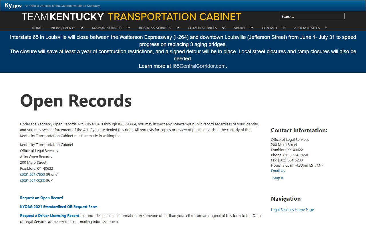 Letcher County traffic court records KYTC open records request